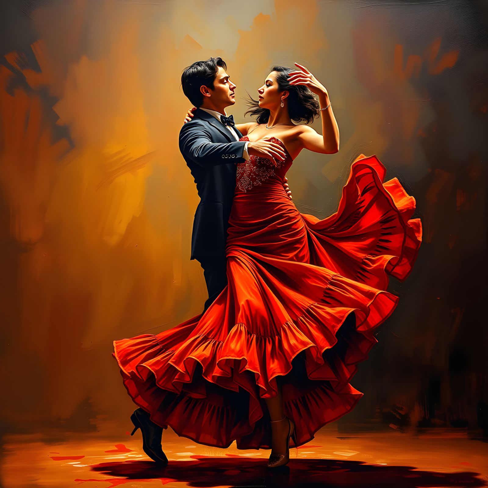 Passionate Flamenco Dancer in Red and Brown Impasto