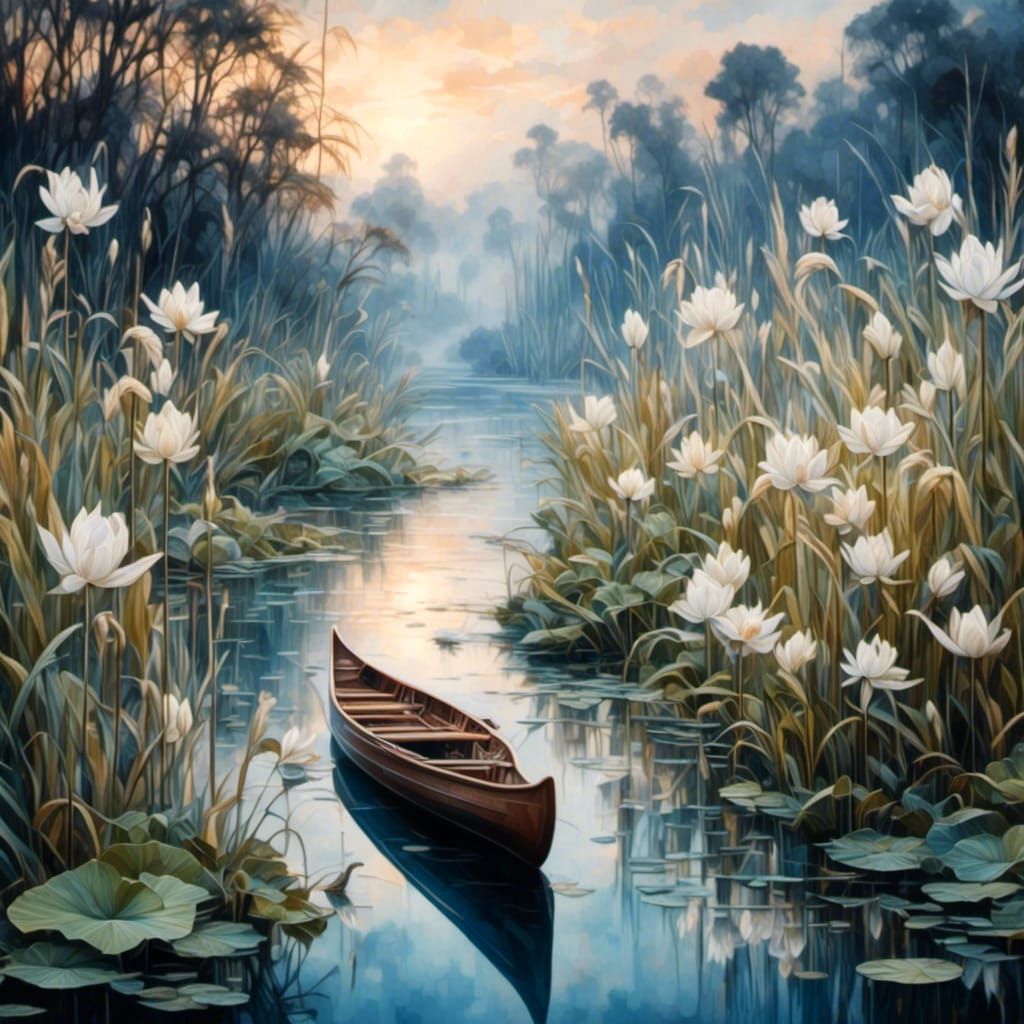 Canoe at Dusk in Art Deco Nouveau Style