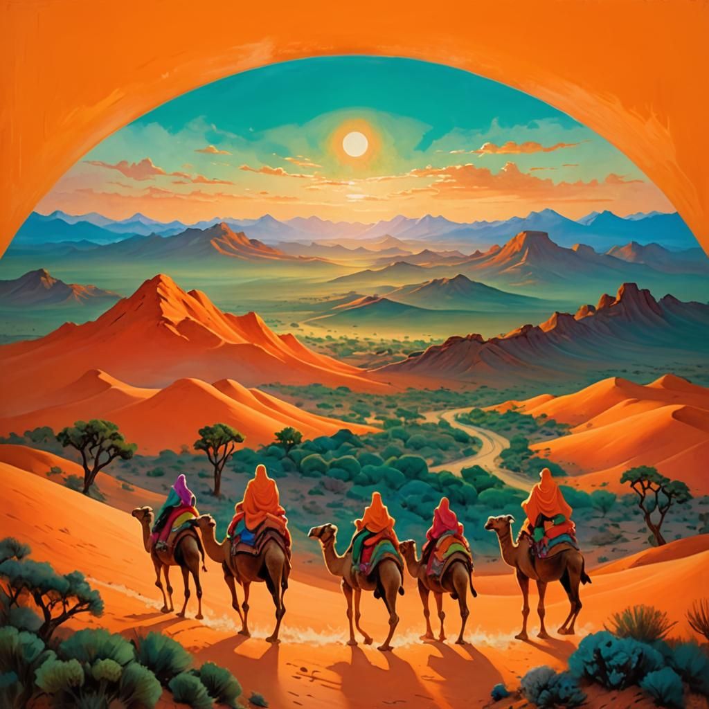 Orange Desert Caravan in Ethereal Fantasy Style