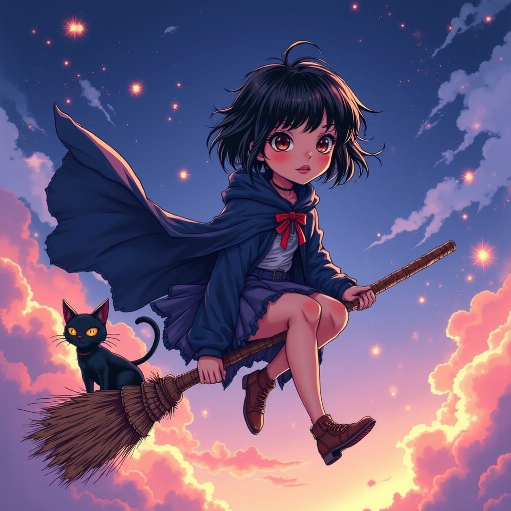 Mystical Anime-Inspired Witch Soars Through Dreamy Twilight ...