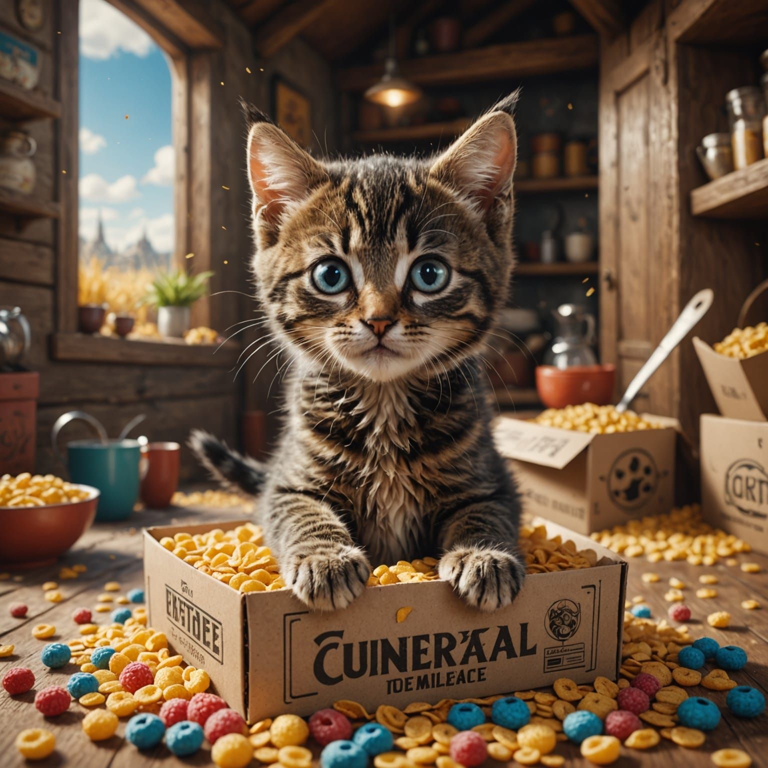 Kitten in Cereal Box: Detailed Matte Painting
