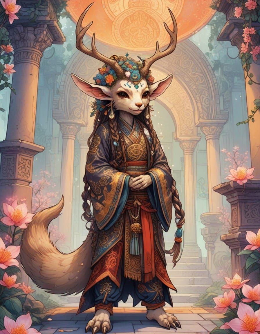 Fantasy Creature in Ancient Temple, Pointillism Art