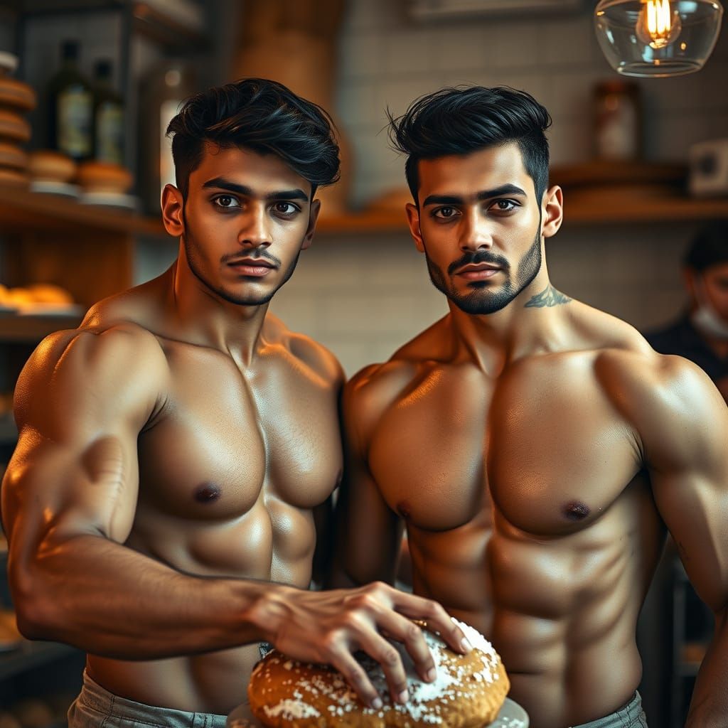 Muscular Men Baking Buns: Digital Art