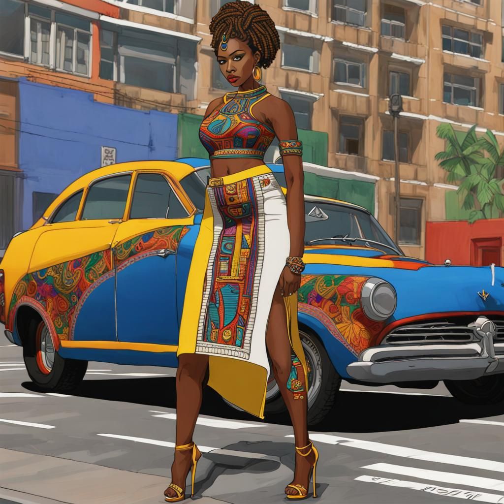 Embroidered African Goddess in a Fantastical Cityscape