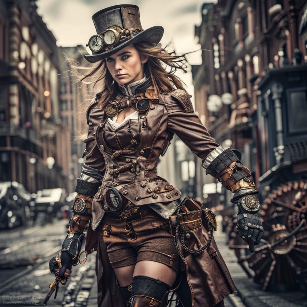 Steampunk Victorian Warrior Girl in City Battle