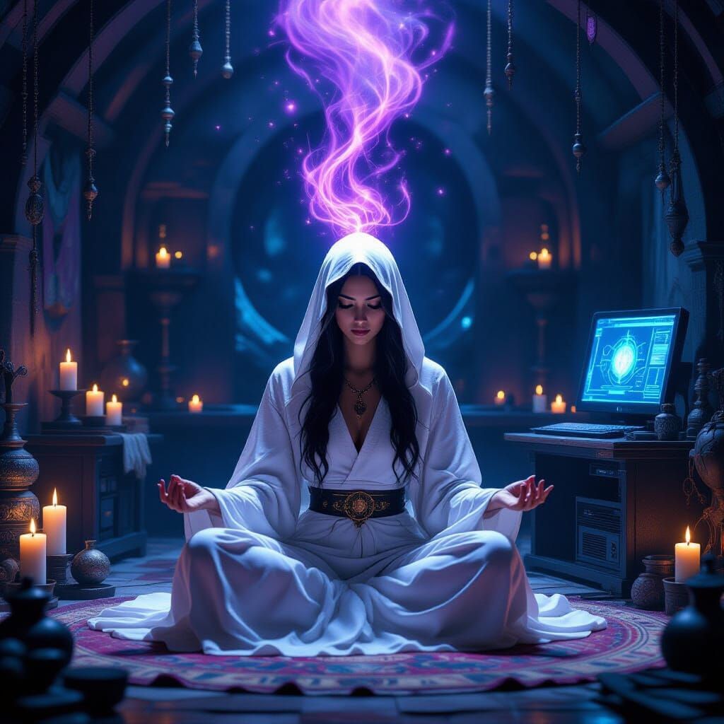Mystical Witch Meditating in a Sci-Fi Chamber