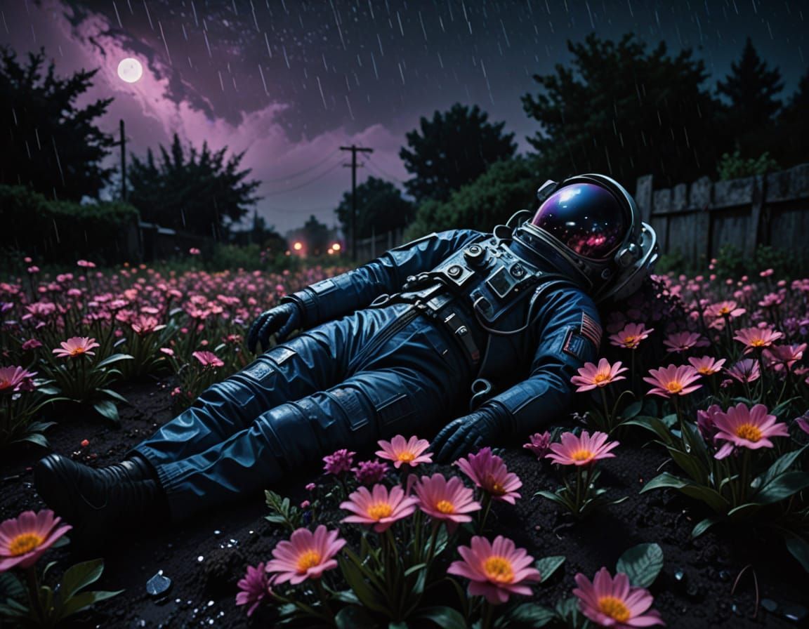 Astronaut Surrounded by Glowing Flowers in a Dark, Rainy Nig...