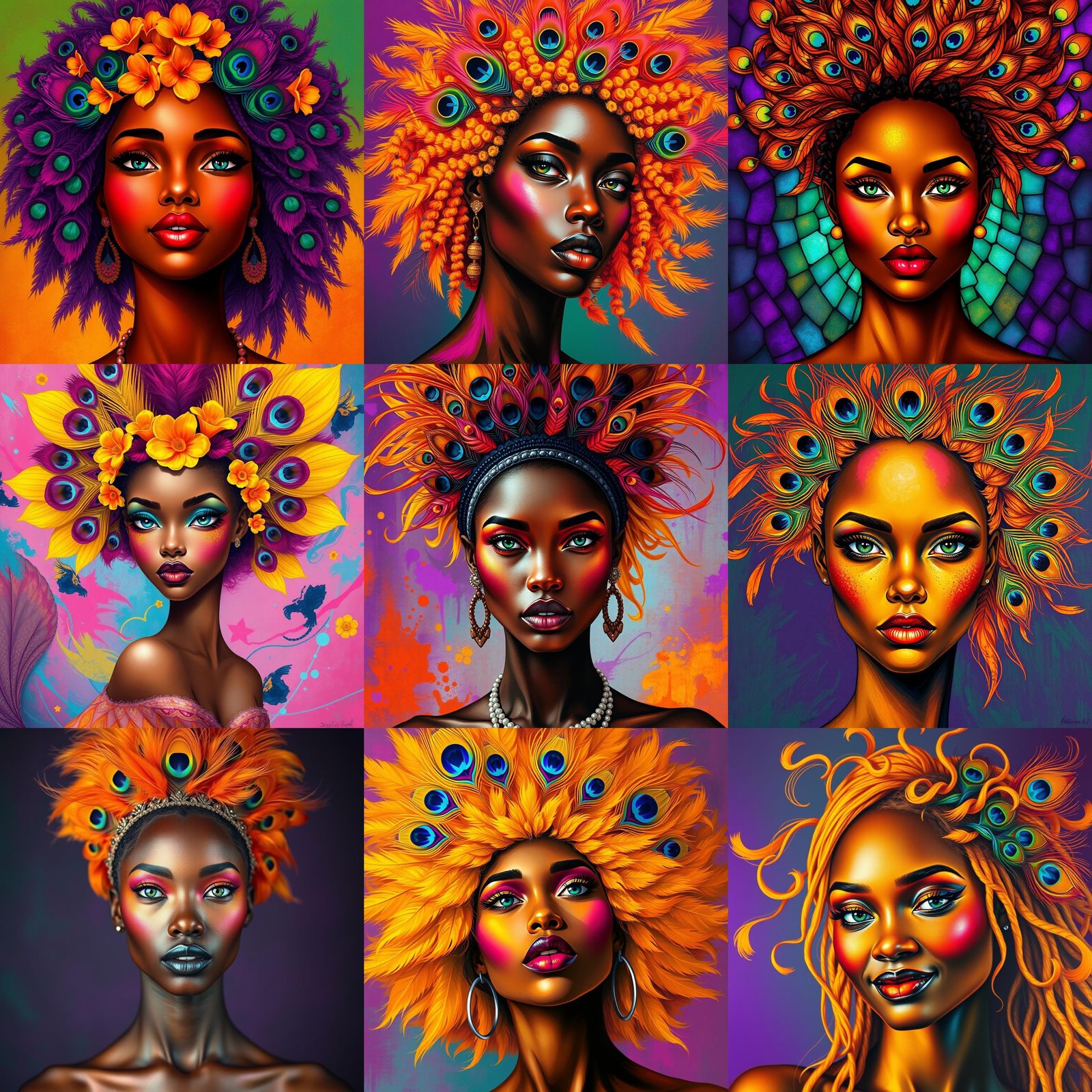 African Woman with Rainbow Skin and Peacock Feathers