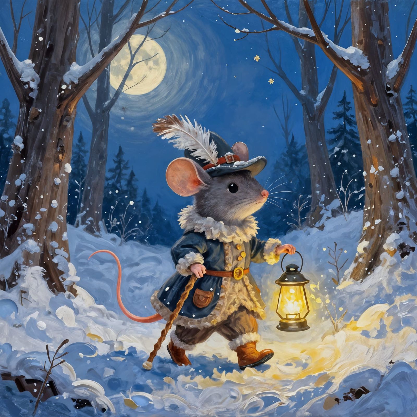 Whimsical Mouse Wanderer in Snowy Forest at Dusk