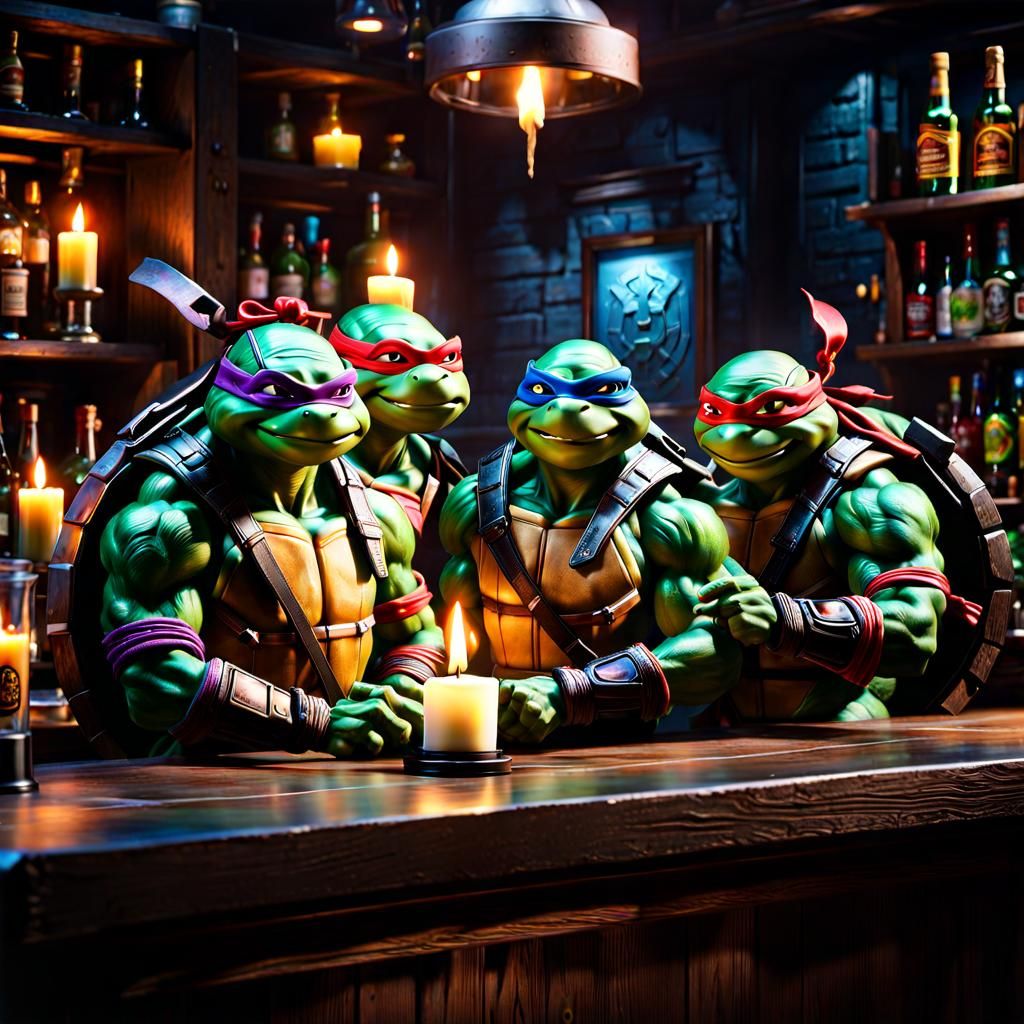 action figure, teenage mutant ninja turtles, on a bartenders...