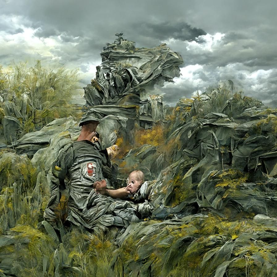 Soldier Saving Child in War, Detailed Matte Painting