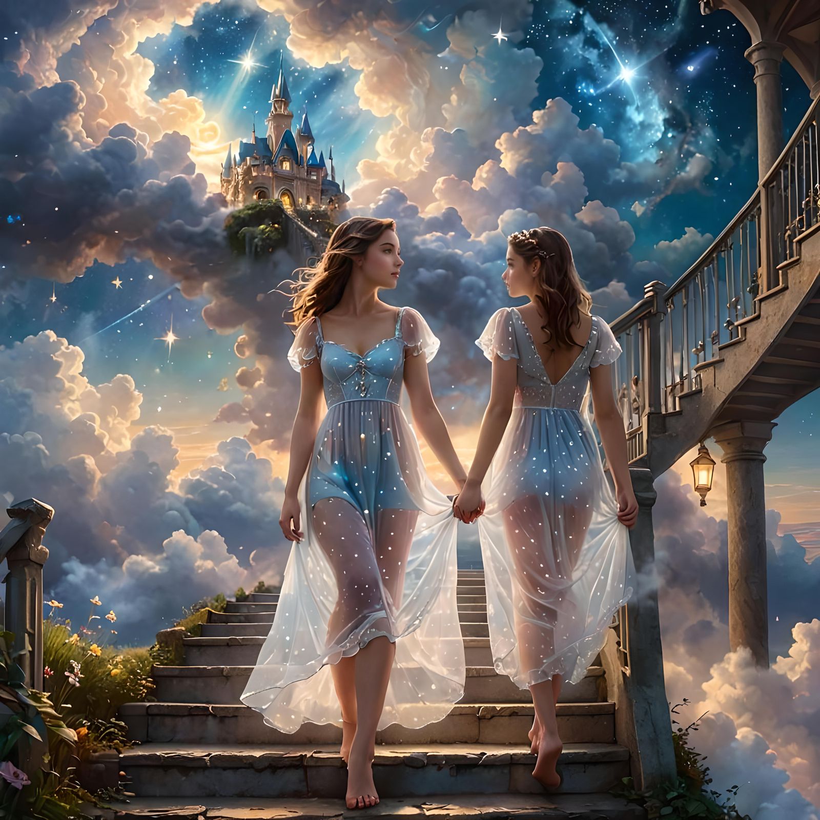Ethereal Dreamland Stairway with Two Young Women