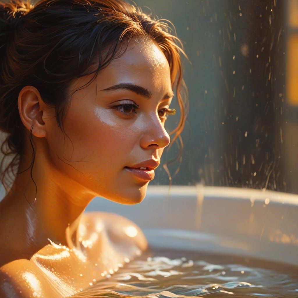 Vibrant Oil Painting of Woman Bathing