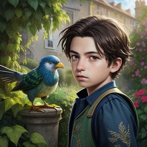 Boy and Giant Bird Herb Plant in Garden