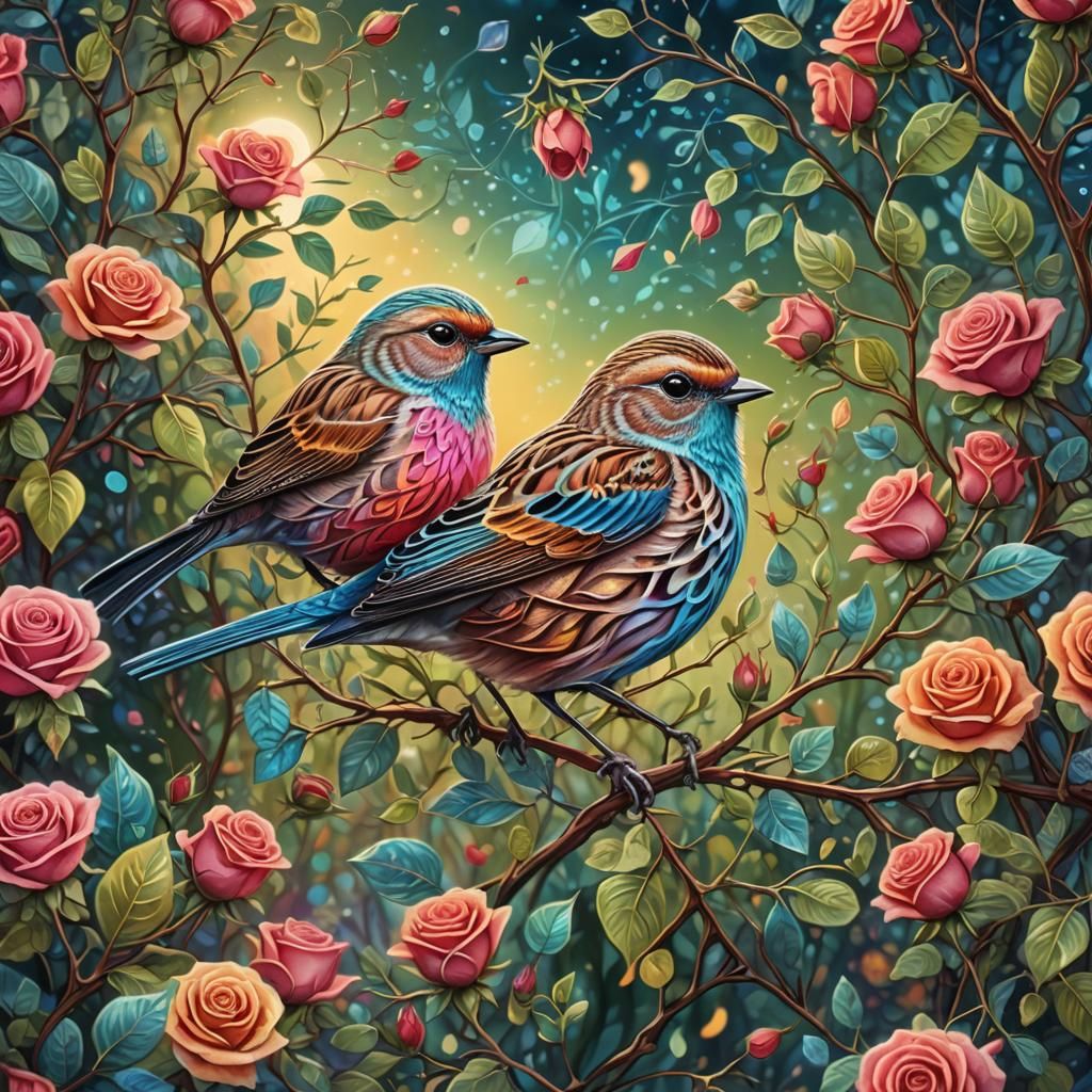 Linnet on Rose Bush: Surrealist Astral Illustration