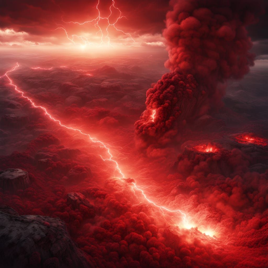 Exploding Landmines Under Red Lightning Sky