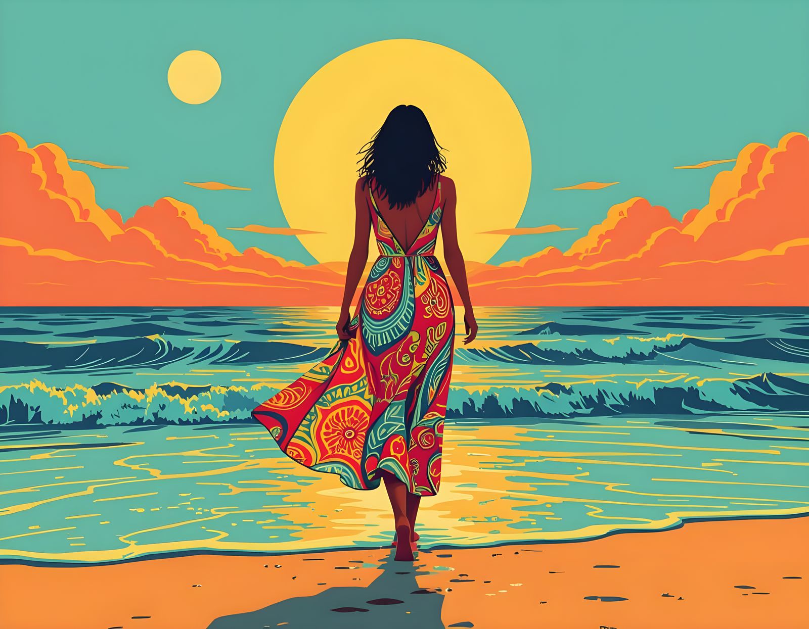 Romantic Beach Split View in Pop Art Style