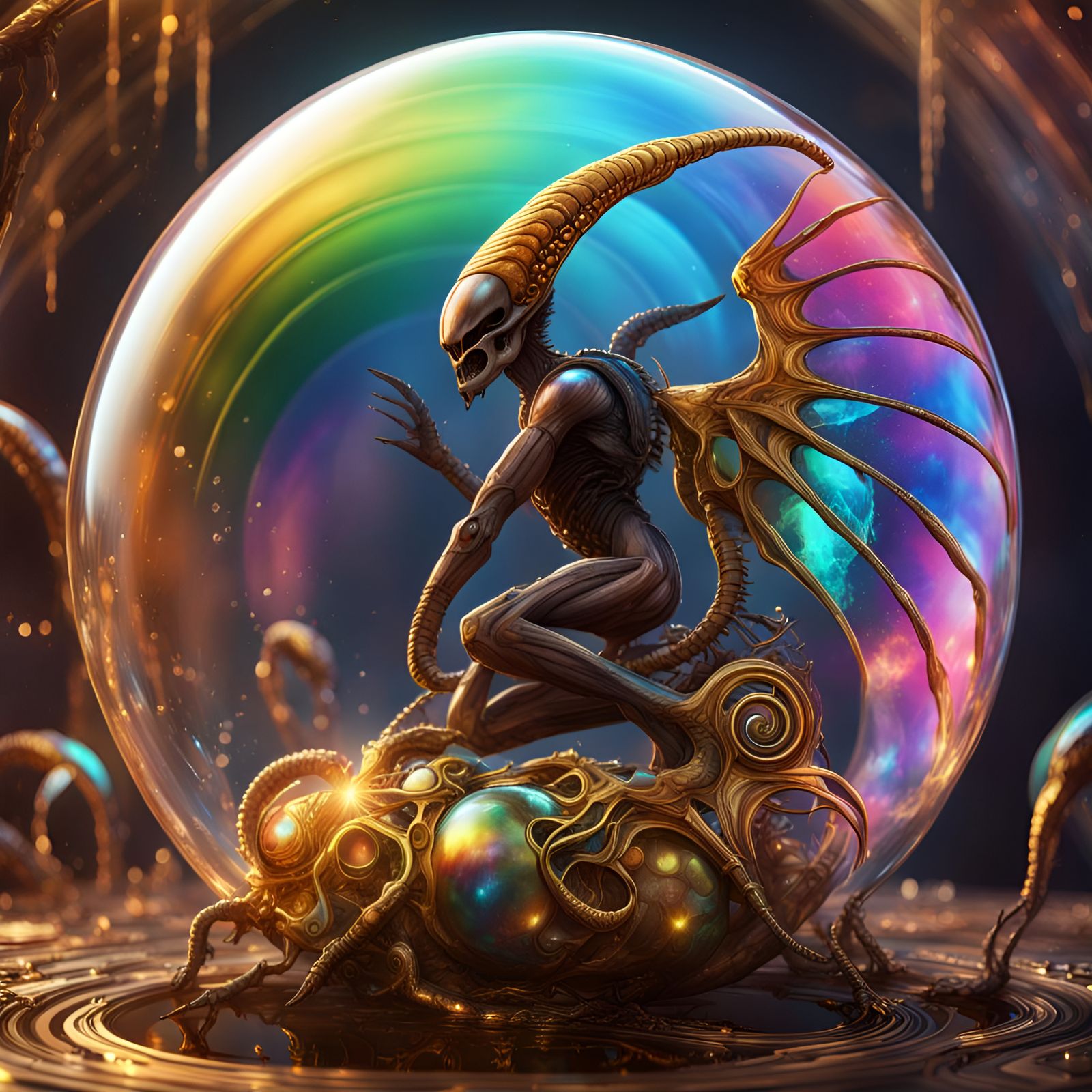 African Oryx with Xenomorph Wings in Soap Bubble