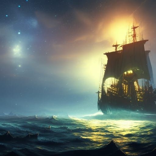 Golden Pirate Ship Sailing Starry Night Sky