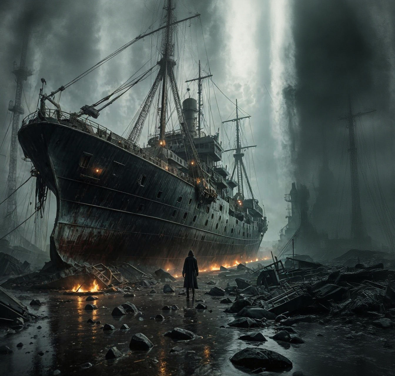 Eerie Abandoned Ship in a Sinister, Cyberpunk Aesthetic