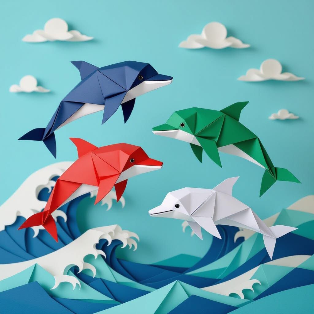 Origami Dolphins Leaping from Paper Waves