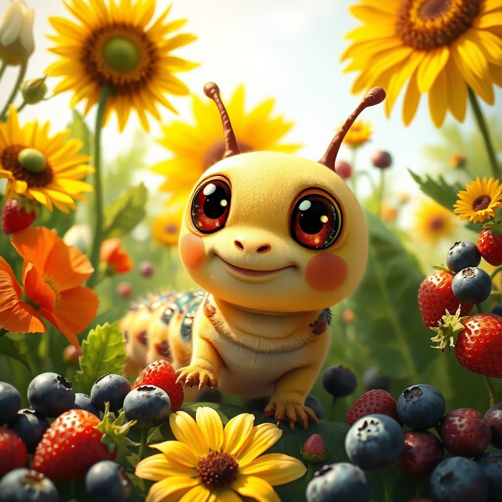 Playful Caterpillar in Sun-Drenched Garden: Digital Art