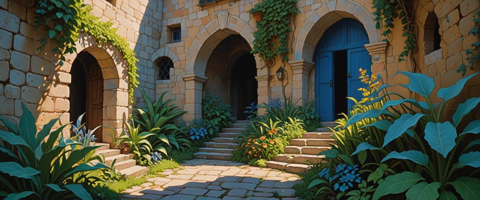 Lush Dungeon Passageway in Naive Folk Art Style