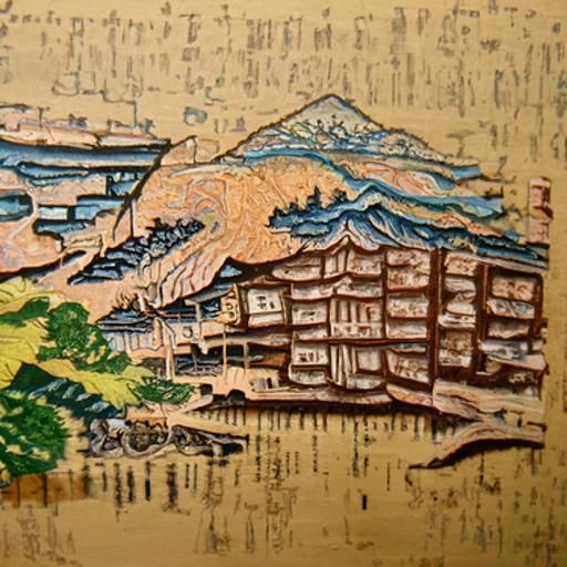 Kyoto Scenic View in Hokusai Woodblock Style