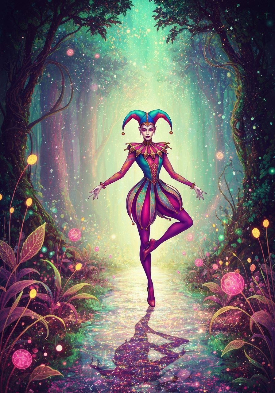 Elegant Jester Dancing in Psychedelic Forest