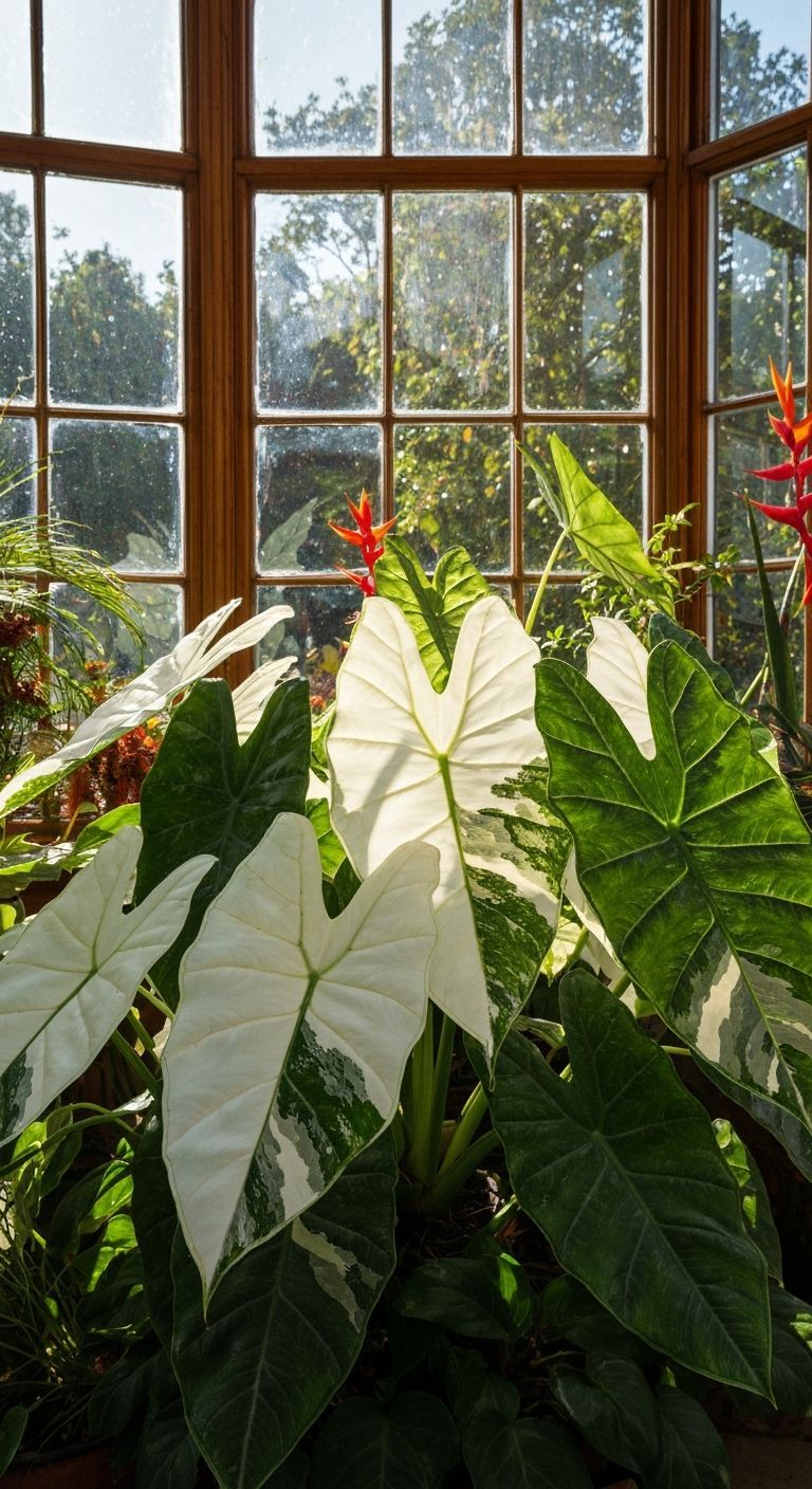 Velvety Alocasia Frydek Leaves in Dappled Sunlight