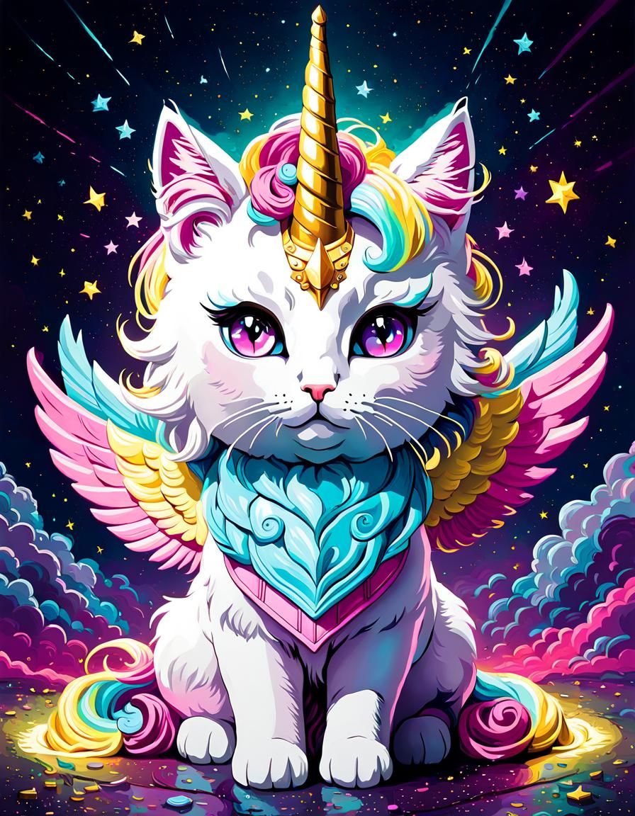 Unicorn Winged Cat in Impasto Blacklight Painting