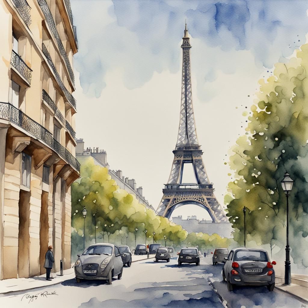 watercolor, paris on a clear day, clear concise detail, sharp focus high resolution, Eiffel Tower in background , high d...
