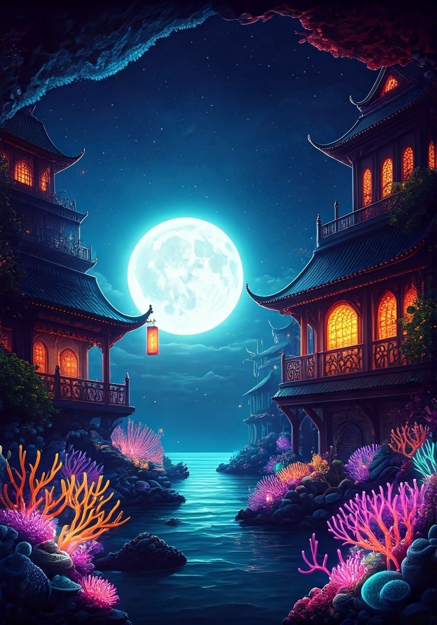 Moonlit Fantasy Metropolis Beside Coral Seascape