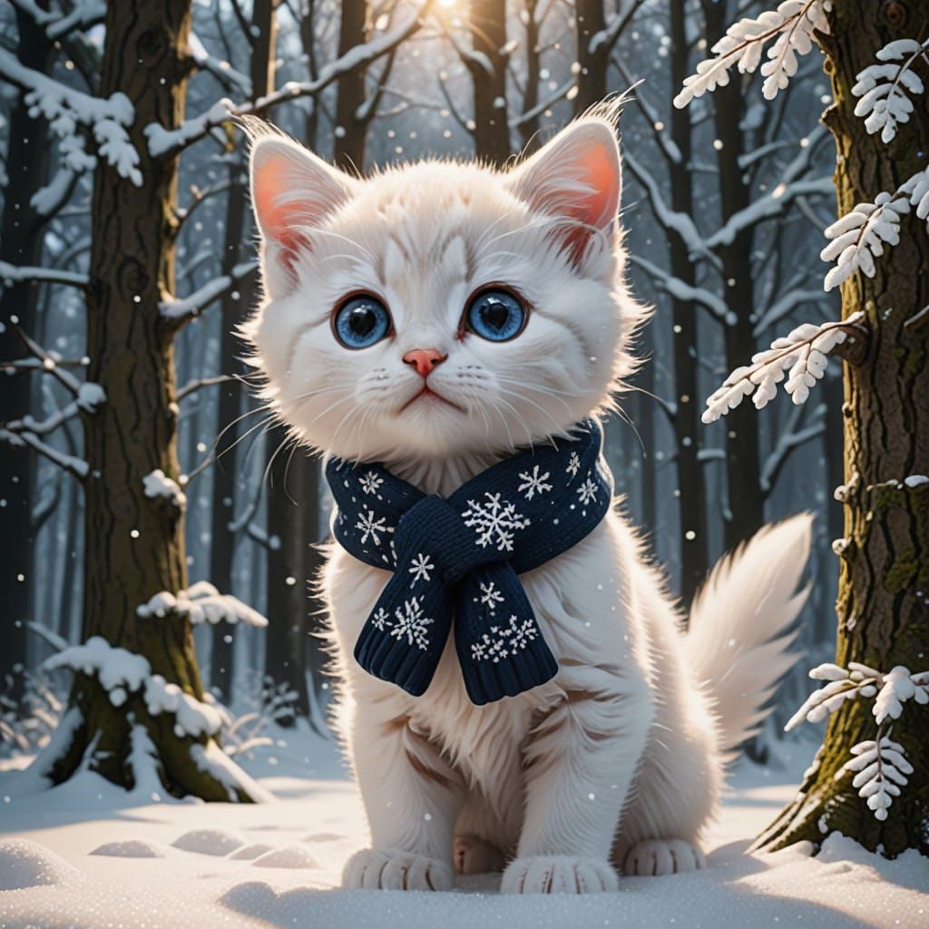 Whimsical Winter Wonderland with Curious Kitten