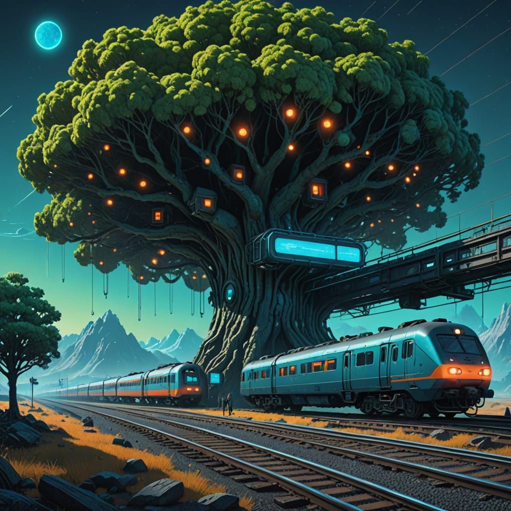 Alien Train Station in Giant Tree, Retro-Futuristic Art