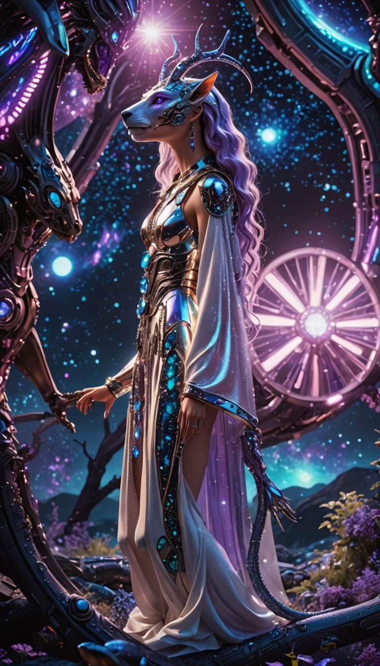 Surreal Anime Hybrid with Gemstones and Metallic Limbs