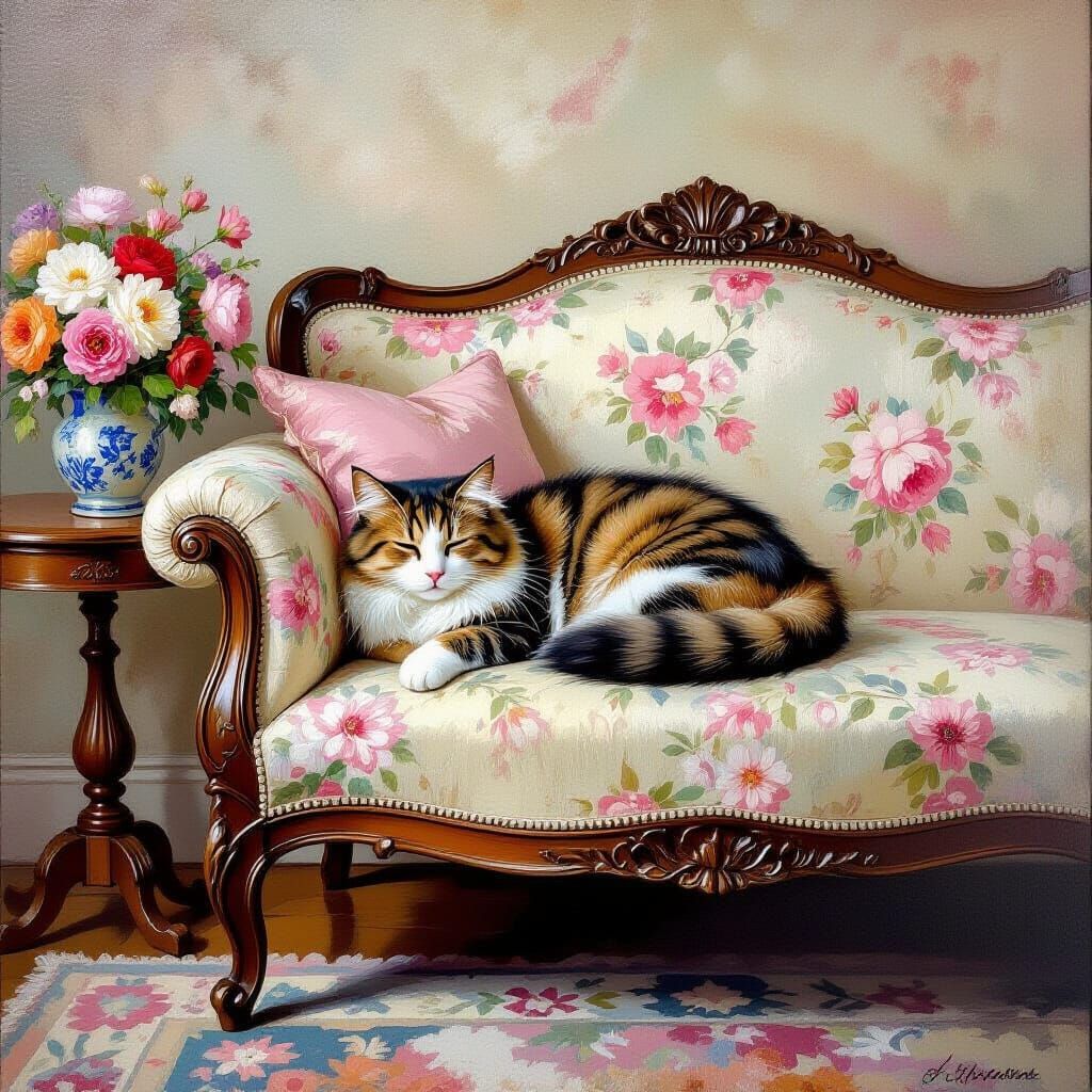 Victorian Cat Napping on Antique Sofa in Pastel Hues