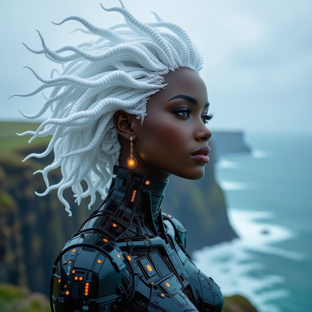 Cyberpunk Woman Statue Overlooking Stormy Sea