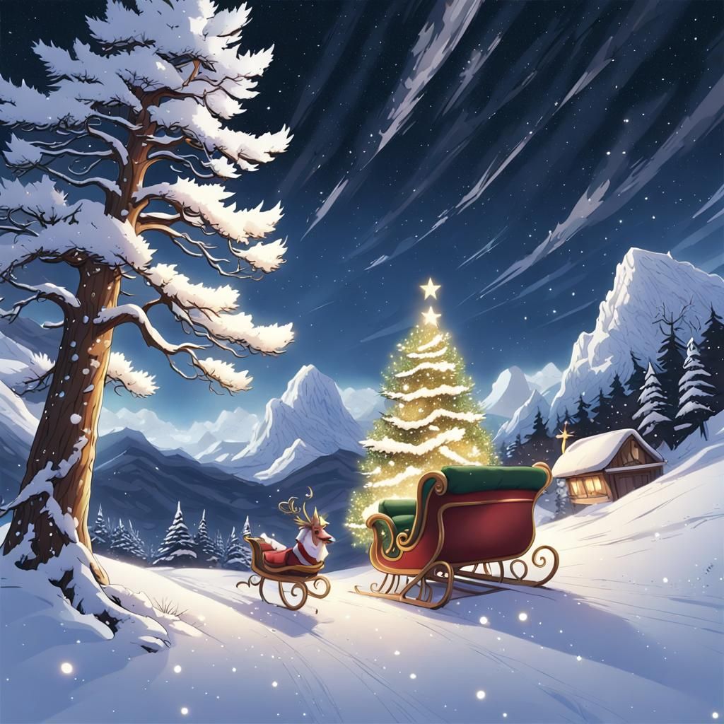 Winter Wonderland in Snowy Mountains Scene with Sleigh