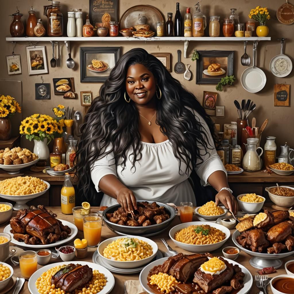 Soul Food Buffet TableScape in Hyperrealistic Style