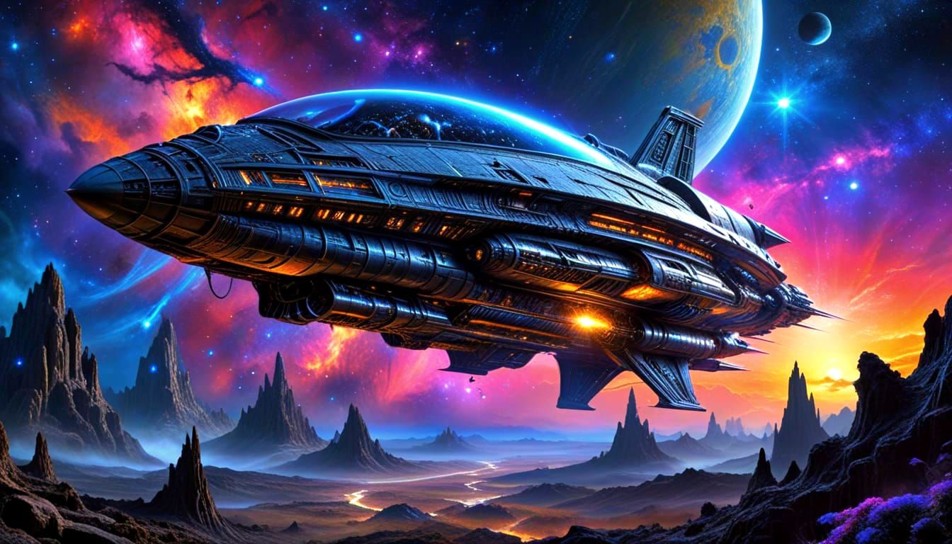 Alien Spaceship Drifting Above Colorful Planet