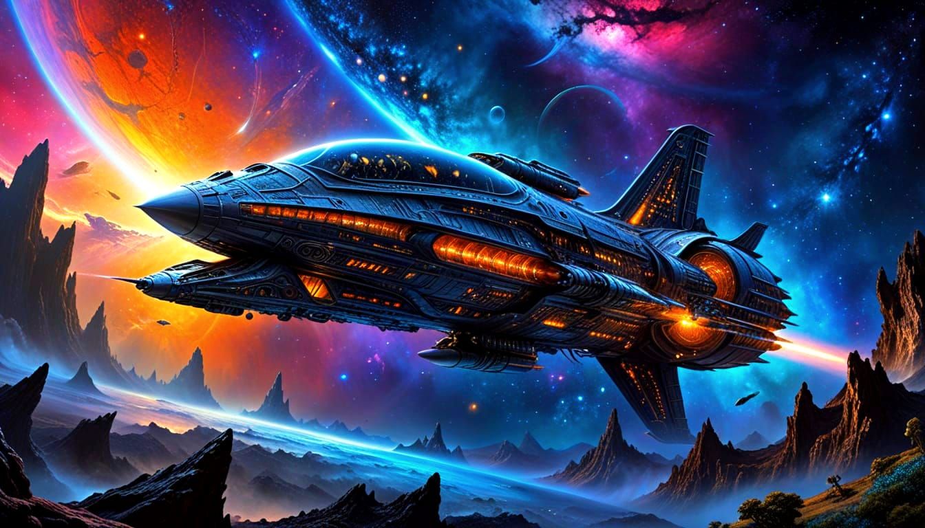 Futuristic Alien Spaceship Adorned with Galaxies in Celestia...