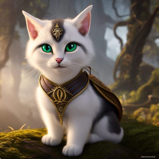 Elven Princess Kitten in Fantasy Forest, Digital Art