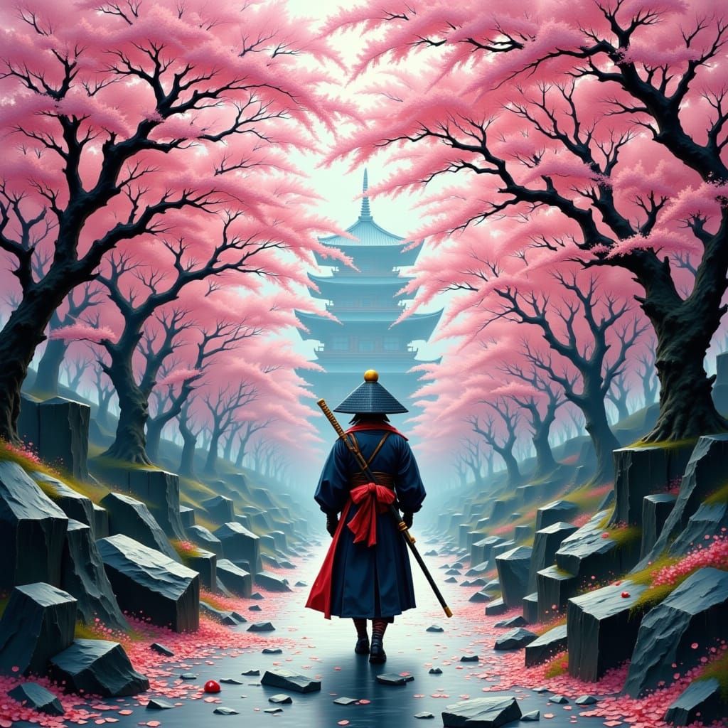 Samurai Walks Through Cherry Blossom Grove Near Temple