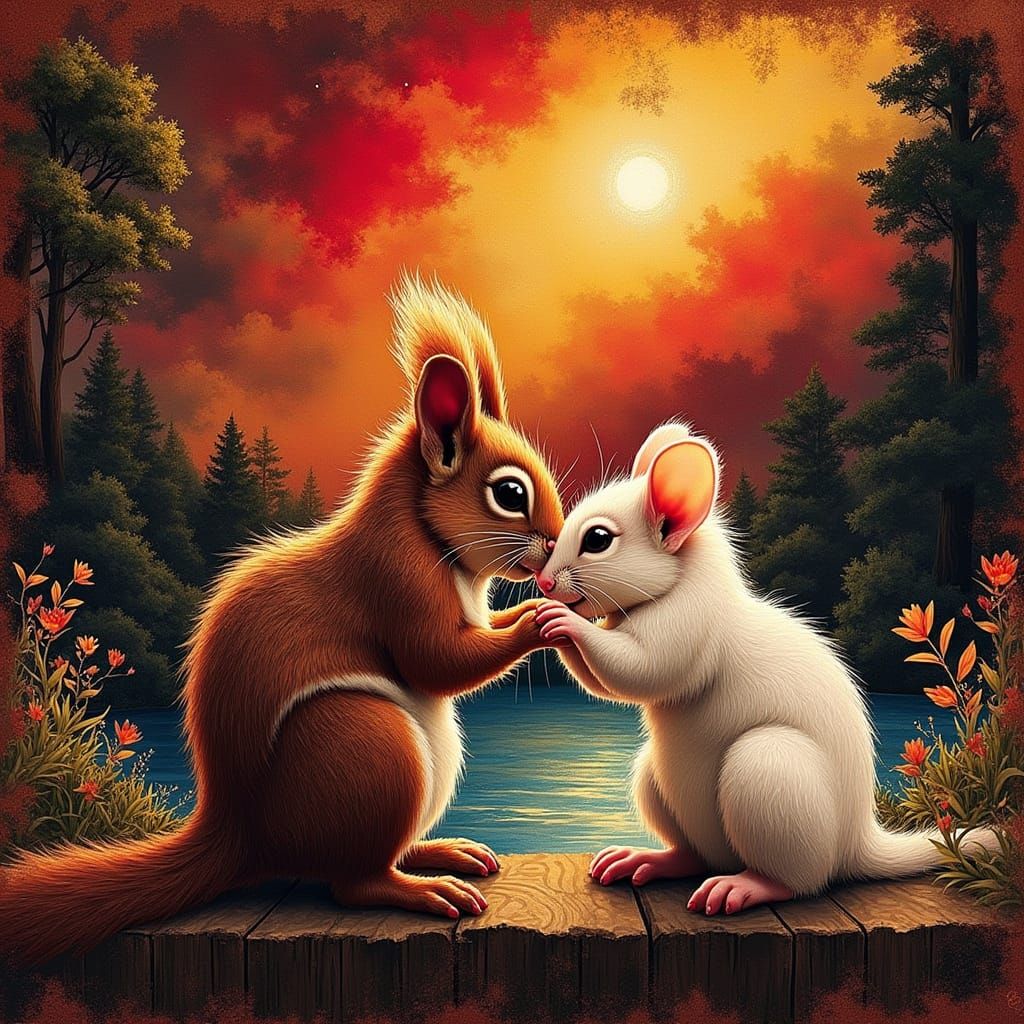 Surreal Best Friends Cuddle in Vibrant Sunset