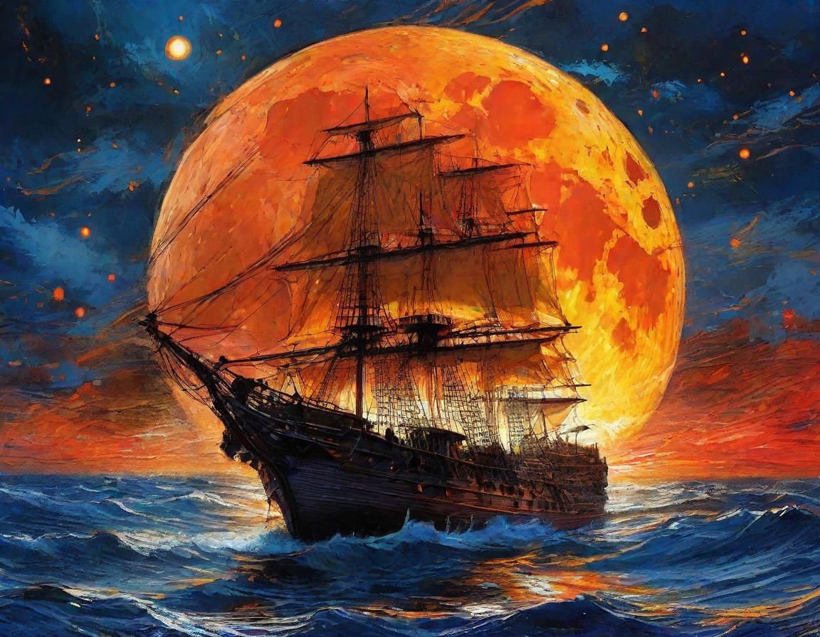 Moonlit Ship in Vibrant Digital Art Style