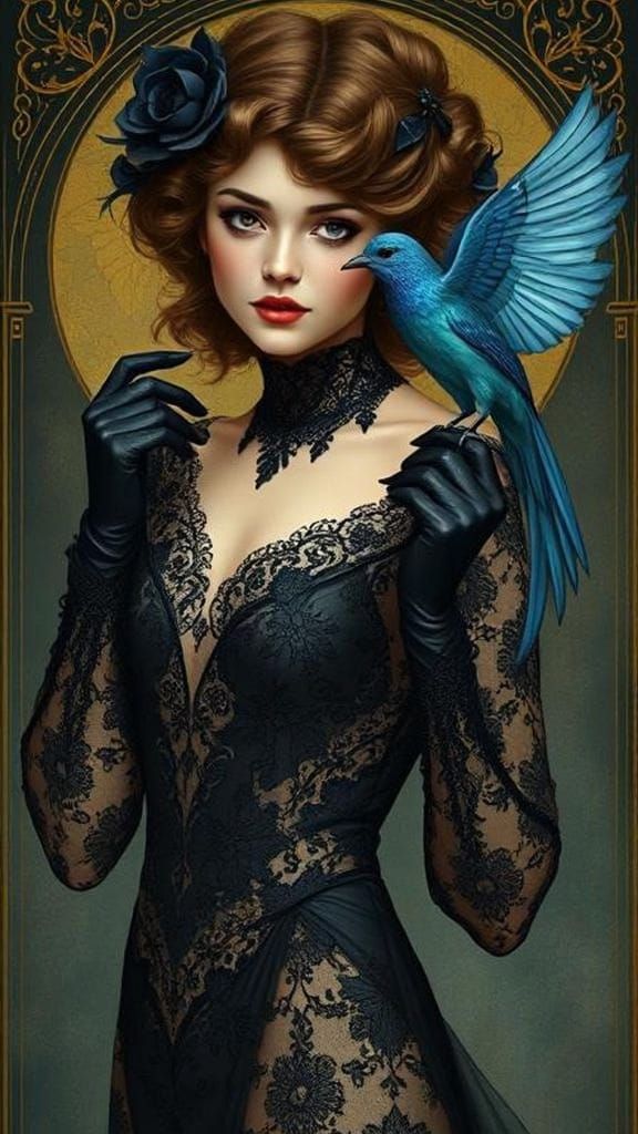 Fantasy Woman with Bluebird in Art Nouveau Style