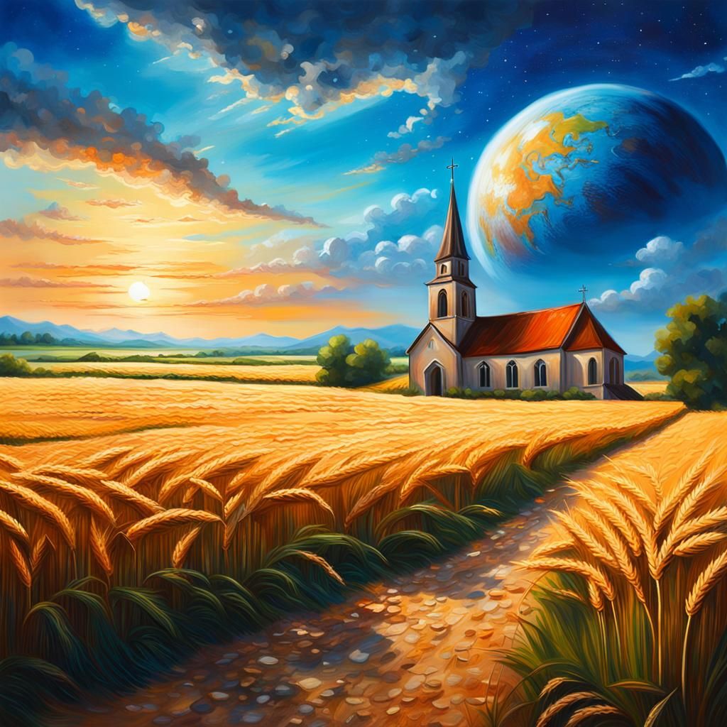 Epic Summer Scene: Village Church and Blue Planet