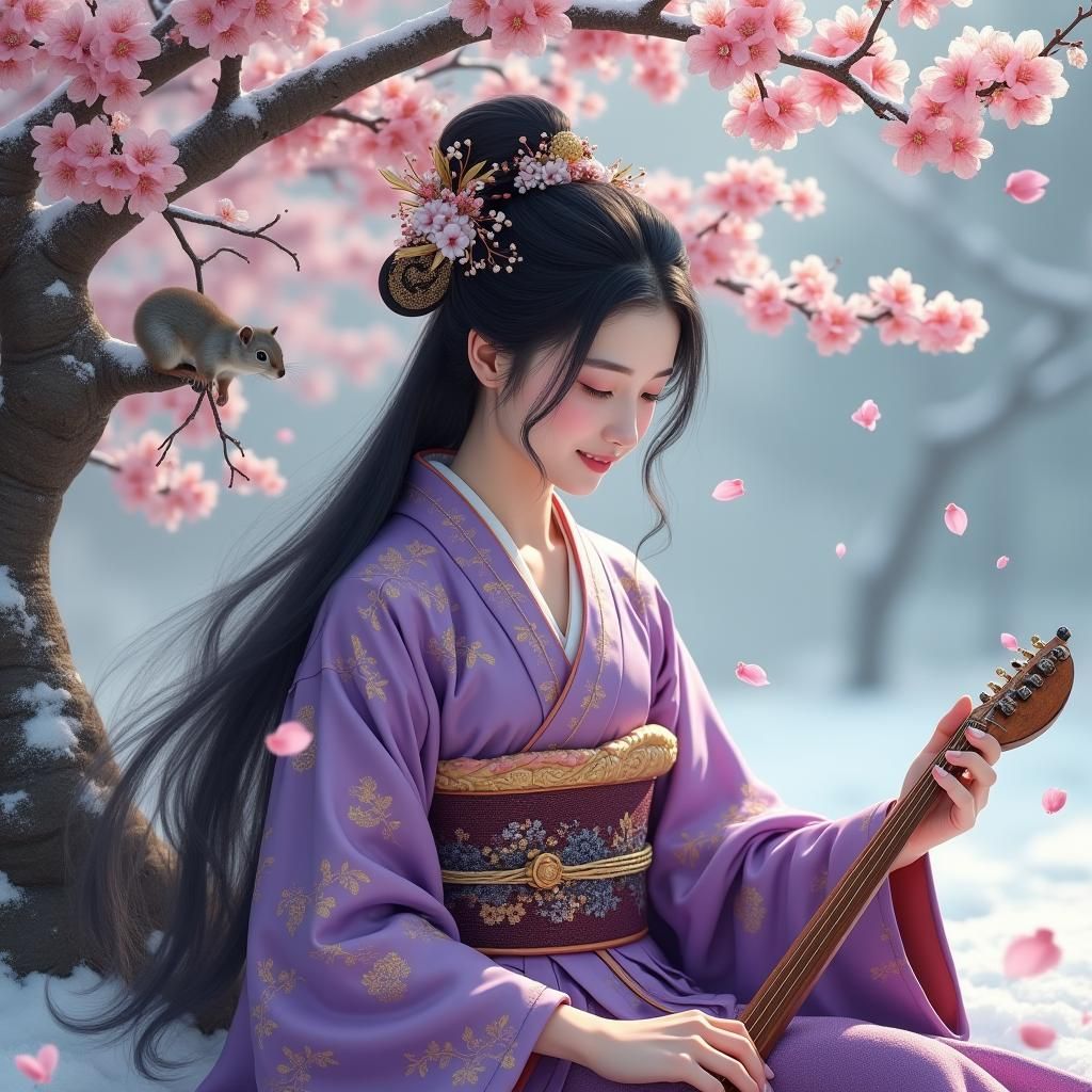 Edo Period Oiran with Flying Squirrels in Winter