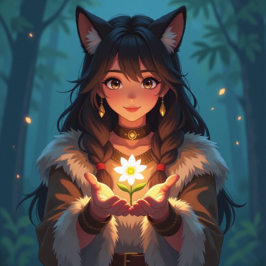 Young Woman Offers Glowing Flower: Cel-Shaded Anime Art